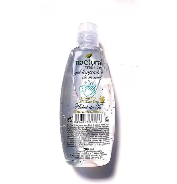 Limpiador de Manos sin Agua 70% Alcohol, Aloe, Lavanda y Arbol de Té200ml Naetura Trade Co.