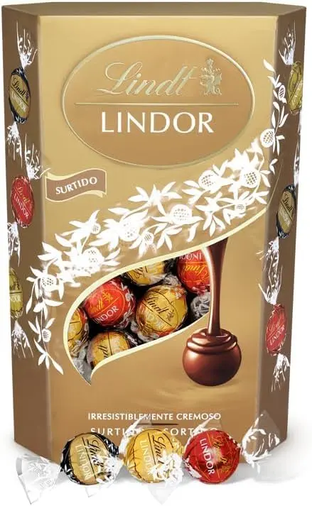 Lindt LINDOR Cornet Surtido de Bombones de Chocolate, 337g. Descubre un mundo de placer con este surtido que incluye los irresistibles bombones de chocolate con leche, blanco y negro 70%.