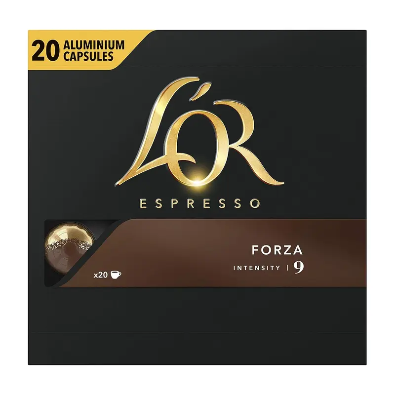 L'OR Espresso Forza, Café de Intensidad 9 (100 Cápsulas). Pack de 5 cajas de 20 cápsulas de aluminio compatibles con Nespresso(R)* para un ristretto o espresso potente.