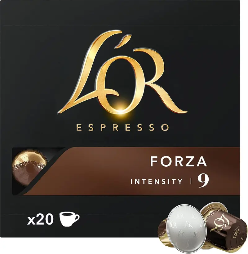 L'OR Espresso Forza, Café de Intensidad 9 (20 Cápsulas). Una caja de 20 cápsulas de aluminio compatibles con Nespresso(R)* para probar un espresso intenso y vigoroso.
