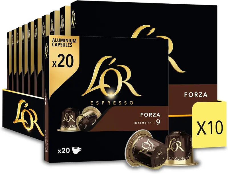 L'OR Espresso Forza, Café de Intensidad 9 (200 Cápsulas). El pack ahorro definitivo, con 10 cajas de 20 cápsulas de aluminio compatibles con Nespresso(R)*.