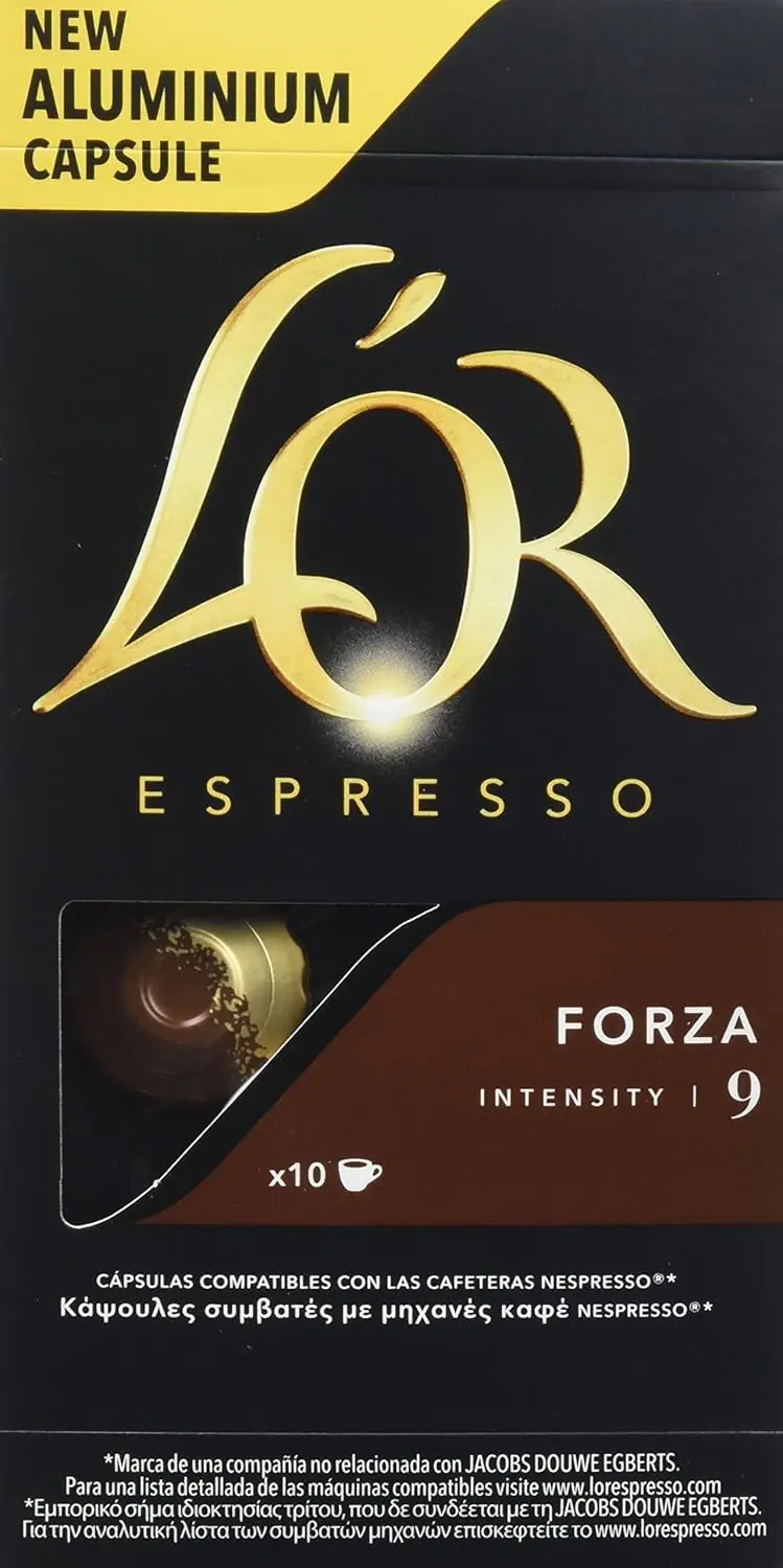 L'OR Espresso Forza, Café de Intensidad 9 (40 Cápsulas). Un pack de 40 cápsulas de aluminio compatibles con Nespresso(R)* para disfrutar de un espresso con carácter.
