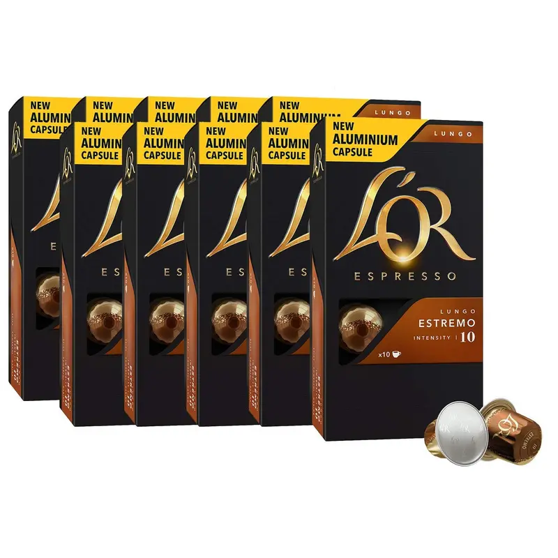 L'OR Espresso Lungo Estremo, 100 Cápsulas de Aluminio Compatibles con Nespresso*. Disfruta de un café largo e intensamente tostado con notas especiadas. Intensidad 10.
