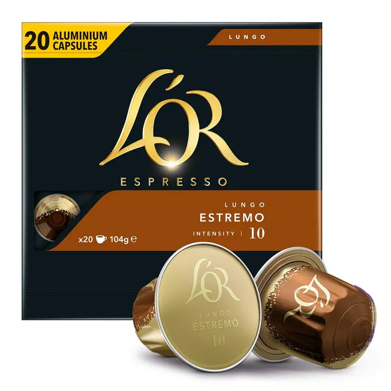 L'OR Espresso Lungo Estremo, 20 Cápsulas de Aluminio Compatibles con Nespresso*. Descubre un café largo de tueste oscuro con intensidad 10 y notas especiadas. El pack ideal para probarlo.