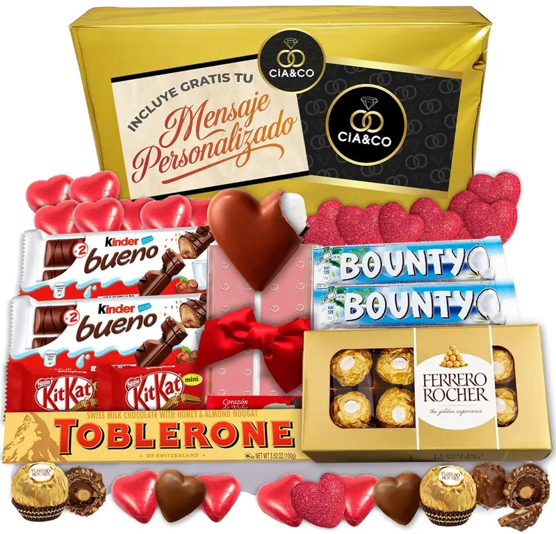Lote Corazón de Cia&Co, un Regalo Dulce para Enamorados. Una caja con un surtido de bombones y chocolates de primeras marcas, envuelta para regalo y con tarjeta personalizable.