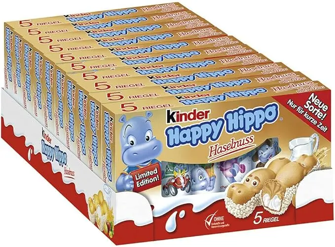 Lote de 10 paquetes de Kinder Happy Hippo Avellana (50 barritas). El snack más divertido con barquillo en forma de hipopótamo y doble relleno de leche y avellanas.