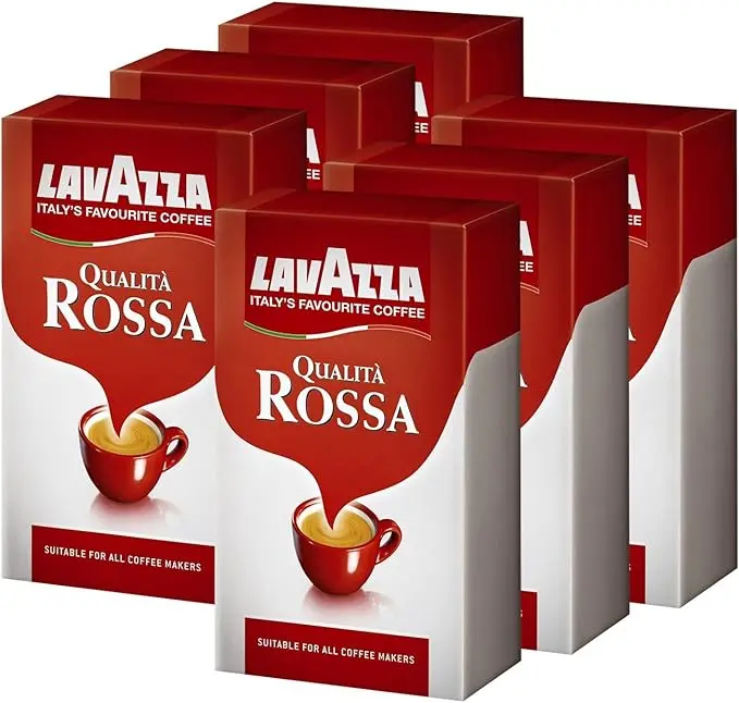 Lote de 6 paquetes de Café Molido Lavazza Qualità Rossa (6x250g). Abastécete con 1,5 kg del café más icónico de Italia, ideal para mantener la frescura en cada paquete.