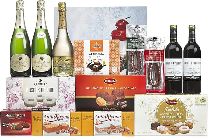 Lote de Navidad Gourmet B803 de Cia&Co. Una cesta de regalo con una cuidada selección de productos, perfecta como agradecimiento de empresa o para felicitar a tus seres queridos.