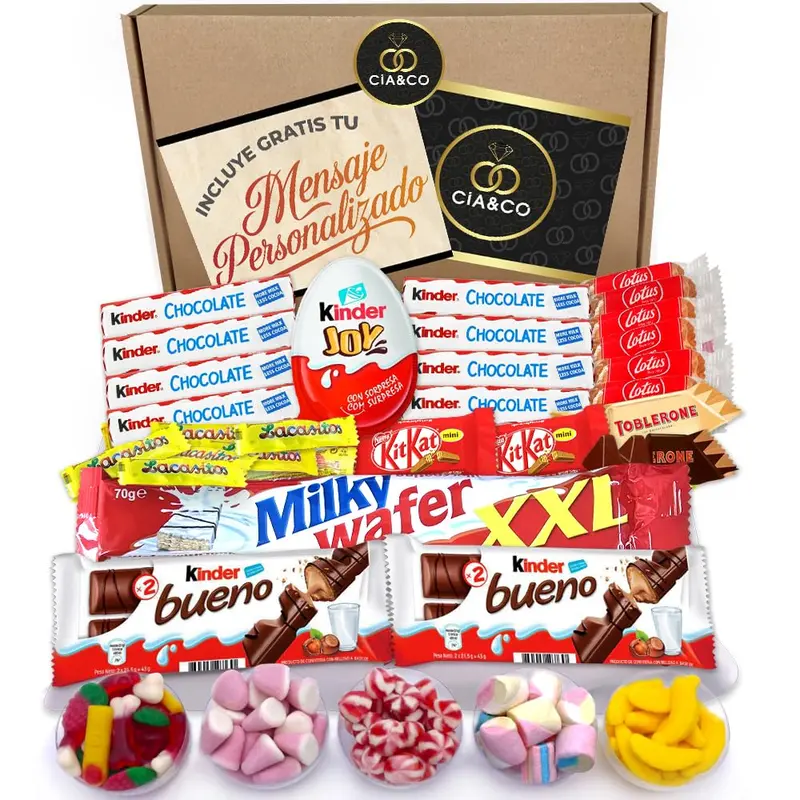 Lote Regalo con +28 Chocolates Kinder y +400g de Chuches Sin Gluten. Incluye Kinder Joy, Bueno, Toblerone y más, con tarjeta personalizable con tu foto o logo.