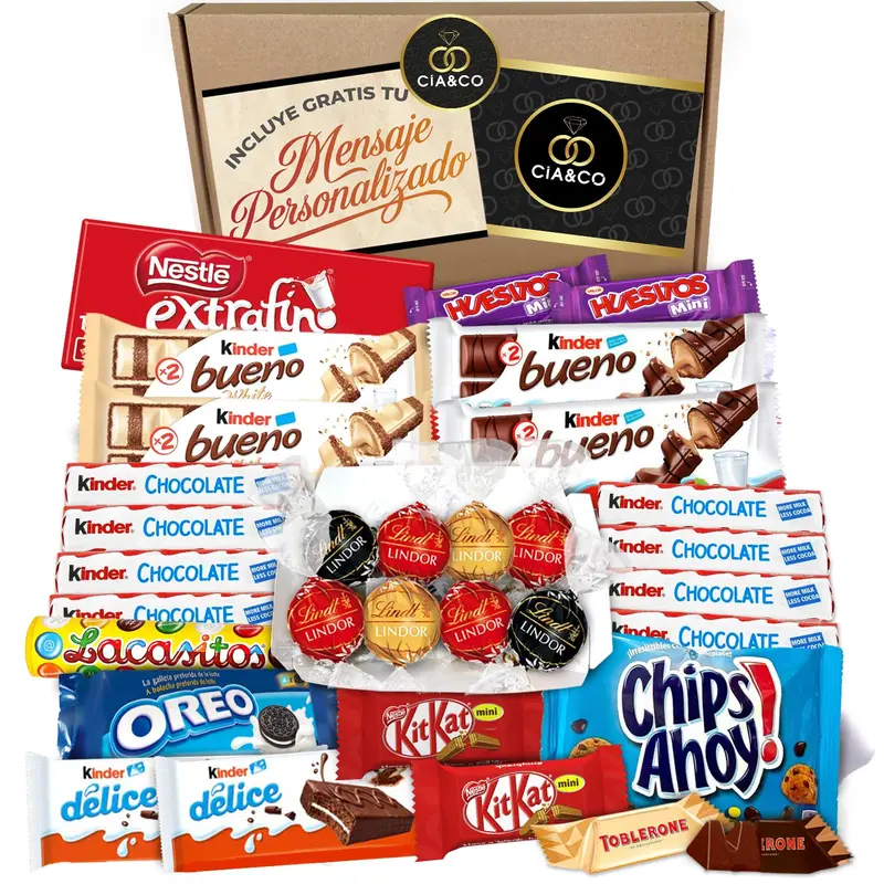 Lote Regalo con +35 Bombones y Chocolates Premium Cia&Co. Un surtido de lujo con Lindt Lindor, Kinder Bueno, Toblerone y más, con tarjeta personalizable.