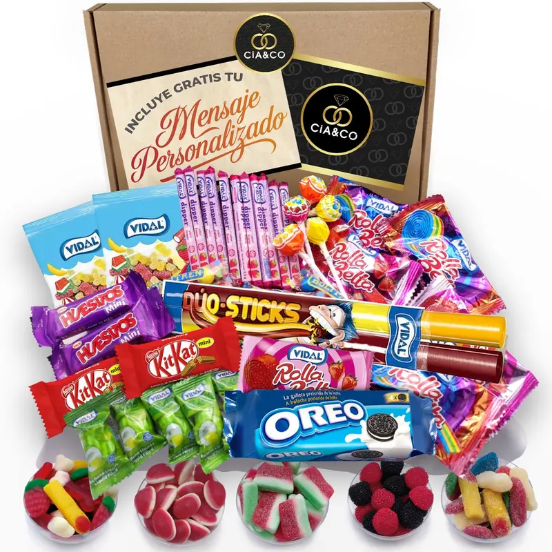 Lote Regalo con +45 Chuches y 450g de Gominolas Sin Gluten. Un surtido de Cia&Co con Kit Kat, Huesitos y Oreo, ideal para niños y celíacos, con tarjeta personalizable.