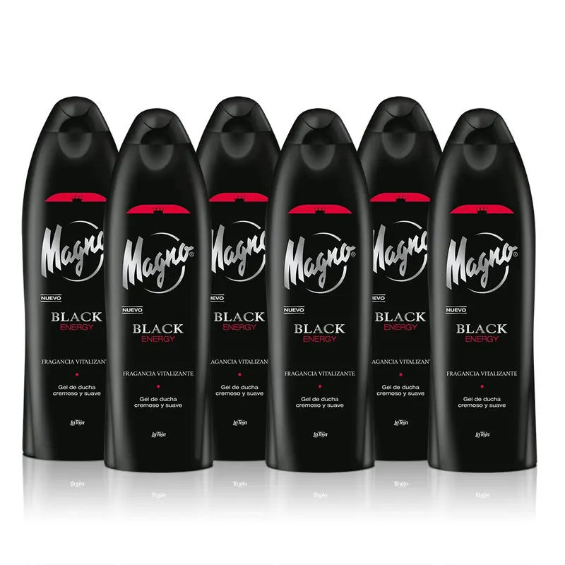 Magno Black Energy Gel de Ducha para Hombre, Pack Ahorro de 6x550ml (3,3L). Despierta tus sentidos con su fragancia energizante de toques cítricos y silvestres. Un ritual revitalizante.