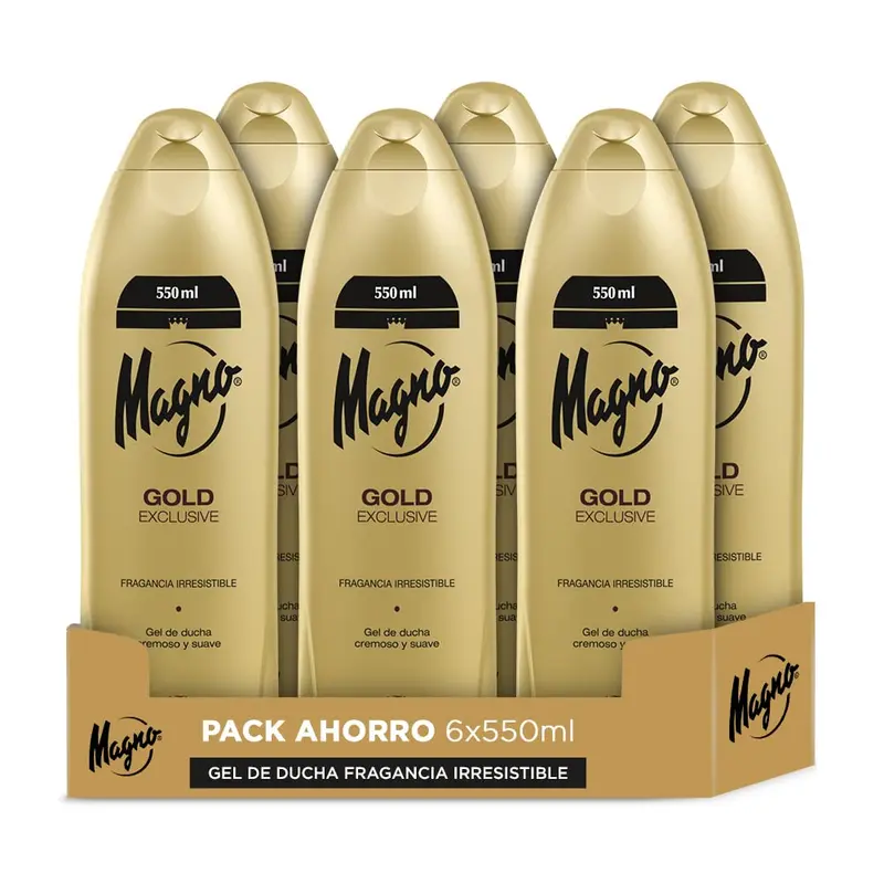 Magno Gold Gel de Ducha, Pack de 6x550ml (3,3L). Descubre la fragancia más moderna y seductora de Magno, con notas amaderadas y florales, en un formato ahorro para tu cuidado diario.