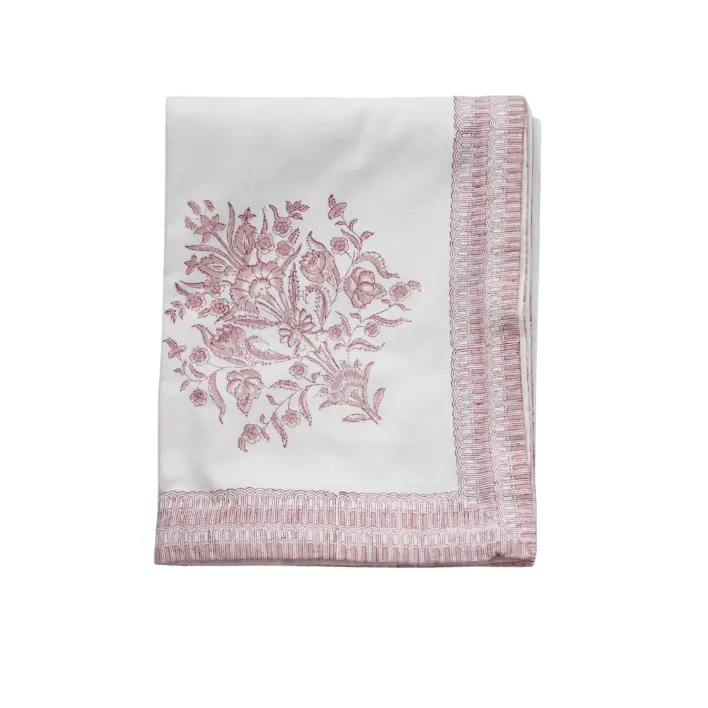 Mantel pequeño Varmala roza 150 x 240 cm estampado a mano con bloque