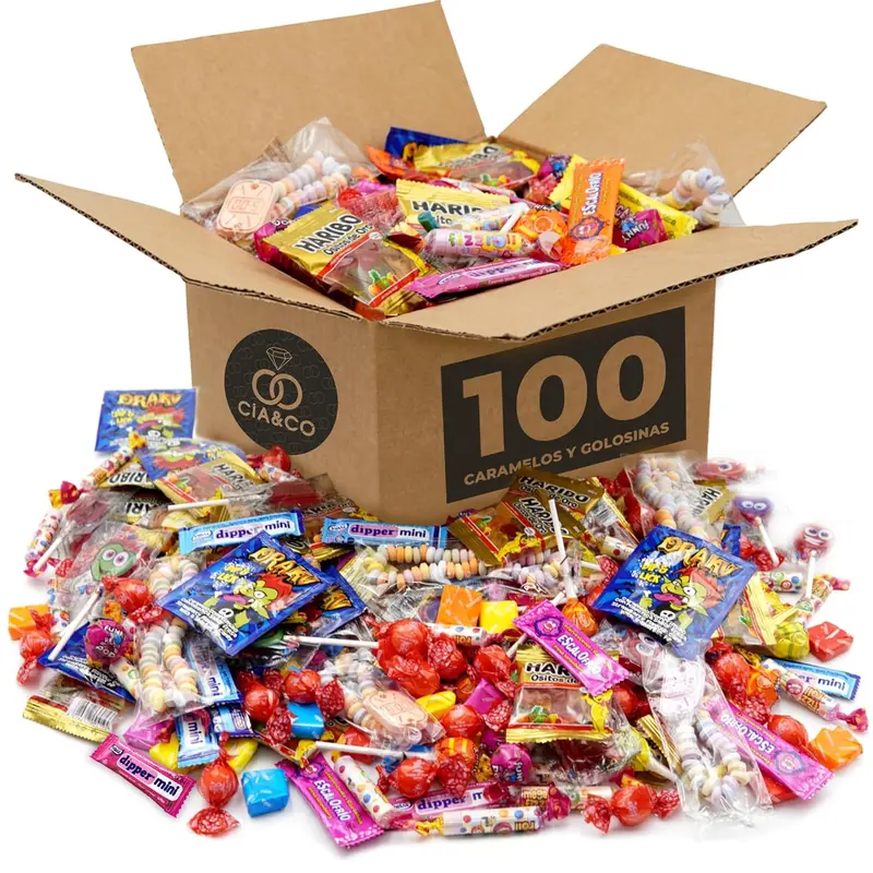 Mega Box de 100 Chuches, Caramelos y Golosinas de Cia&Co. Un surtido variado y envuelto individualmente, ideal para rellenar piñatas o preparar hasta 10 bolsas de cumpleaños.