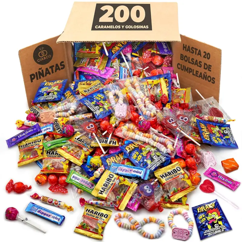 Mega Box de 200 Chuches, Caramelos y Golosinas de Cia&Co. Un maxi surtido para grandes fiestas, ideal para rellenar piñatas o preparar hasta 20 bolsas de cumpleaños.