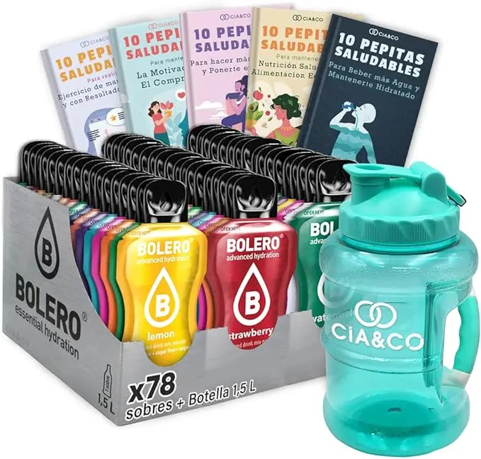 Mega Kit Bolero con 78 sabores variados, botella de 1.5L (Aguamarina) y 50 Pepitas Saludables Cia&Co. La colección definitiva para una hidratación total.