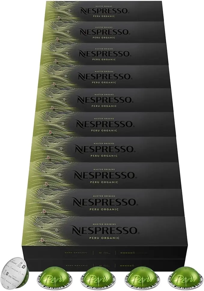 Mega Pack 200 cápsulas Nespresso Vertuo Peru Organic. Café Espresso (40ml) ecológico de intensidad 6, con un perfil elegante, afrutado y notas de cereal.
