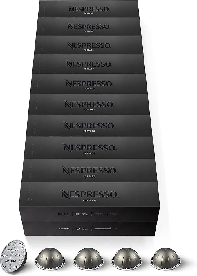Mega Pack Ahorro 200 cápsulas Nespresso Vertuo Fortado. Café Gran Lungo (150ml) de intensidad 8, con notas de cacao y madera. Ideal para el consumo diario.
