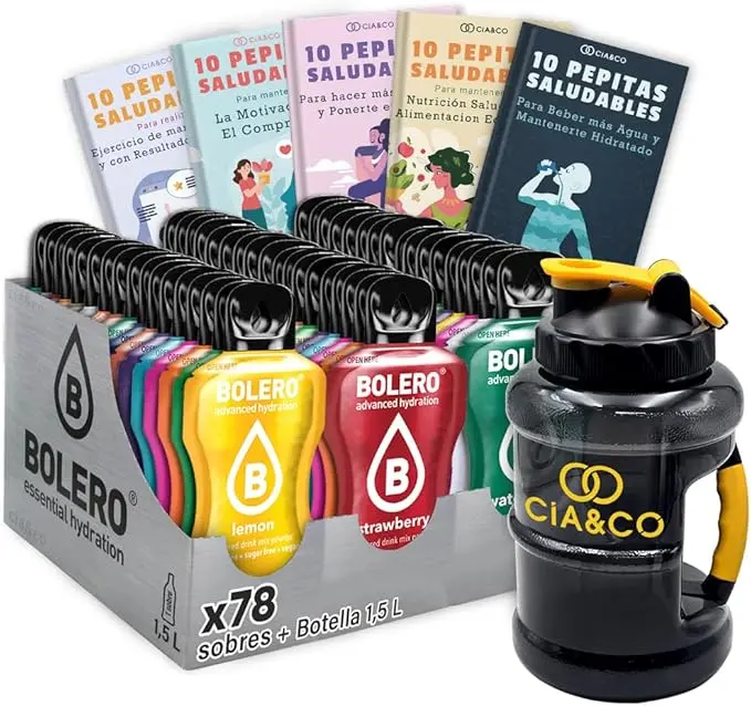 Mega Pack Bolero con 78 sabores distintos (78x9g) y Botella Negra de 1.5L. Bebida instantánea sin azúcar, enriquecida con Vitamina C y Stevia. Incluye 50 Pepitas Saludables Cia&Co.