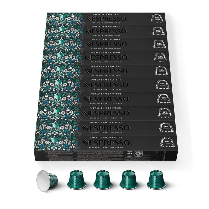 Mega Pack de 100 cápsulas de café Nespresso Stockholm Lungo. Un Lungo intenso y con cuerpo (intensidad 8) con notas malteadas y tostadas de Arábicas puros.
