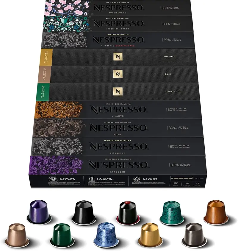 Mega Pack de 100 Cápsulas Nespresso Surtido de Bienvenida. Descubre 10 variedades icónicas para sistema Original, desde espressos y lungos hasta descafeinados.