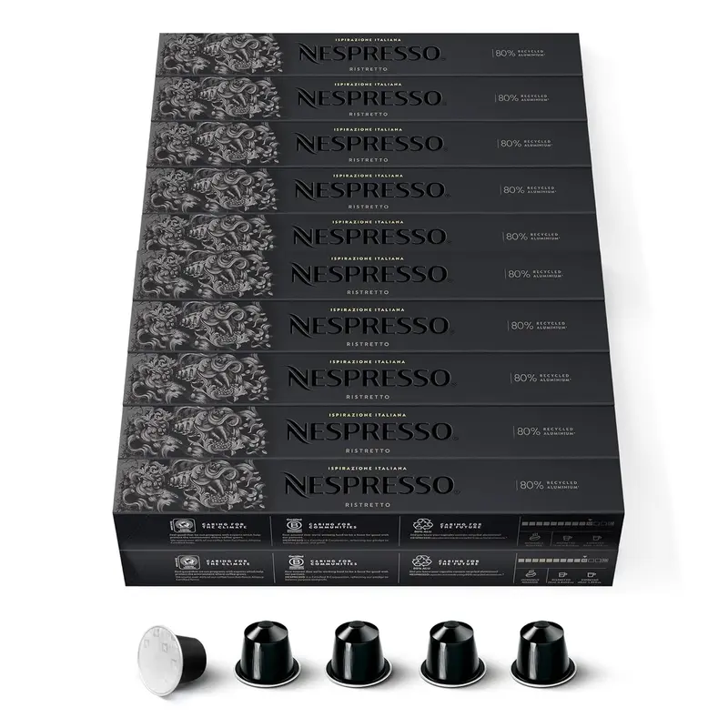 Mega Pack de 200 cápsulas de café Nespresso Ristretto Italiano. Un espresso intenso y potente con notas de cacao amargo y matices afrutados. Intensidad 10.