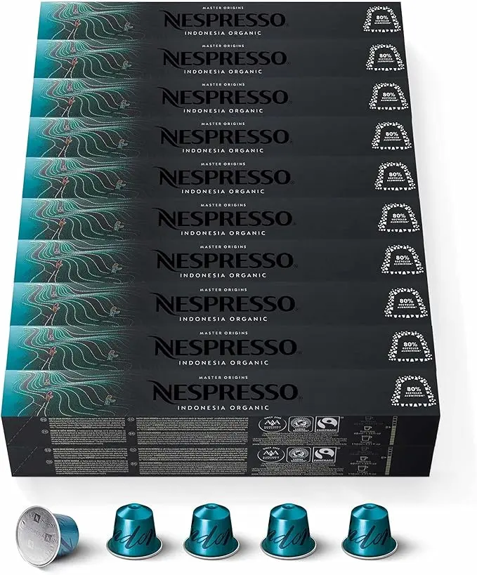 Mega Pack de 200 cápsulas Nespresso Master Origin Indonesia Orgánico. Café Arábica de tueste medio-oscuro con notas amaderadas y de tabaco curado. Intensidad 8.