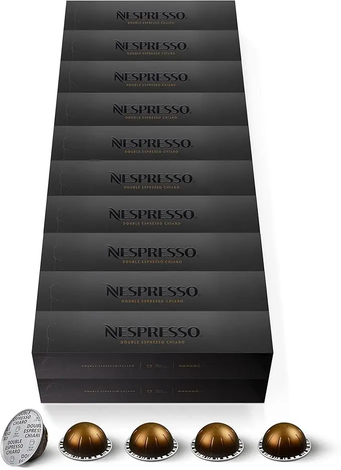 Mega Pack de 200 Cápsulas Nespresso Vertuo Chiaro. Café Double Espresso (80 ml) de intensidad 8, perfecto para recetas con leche, revelando notas de caramelo y galleta.
