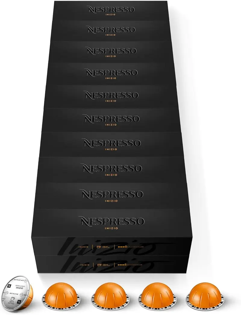 Mega Pack de 200 Cápsulas Nespresso Vertuo Inizio. Un café suave de intensidad 4 para Gran Lungo (150 ml), con notas florales y de cereal, compatible con sistema Vertuo.