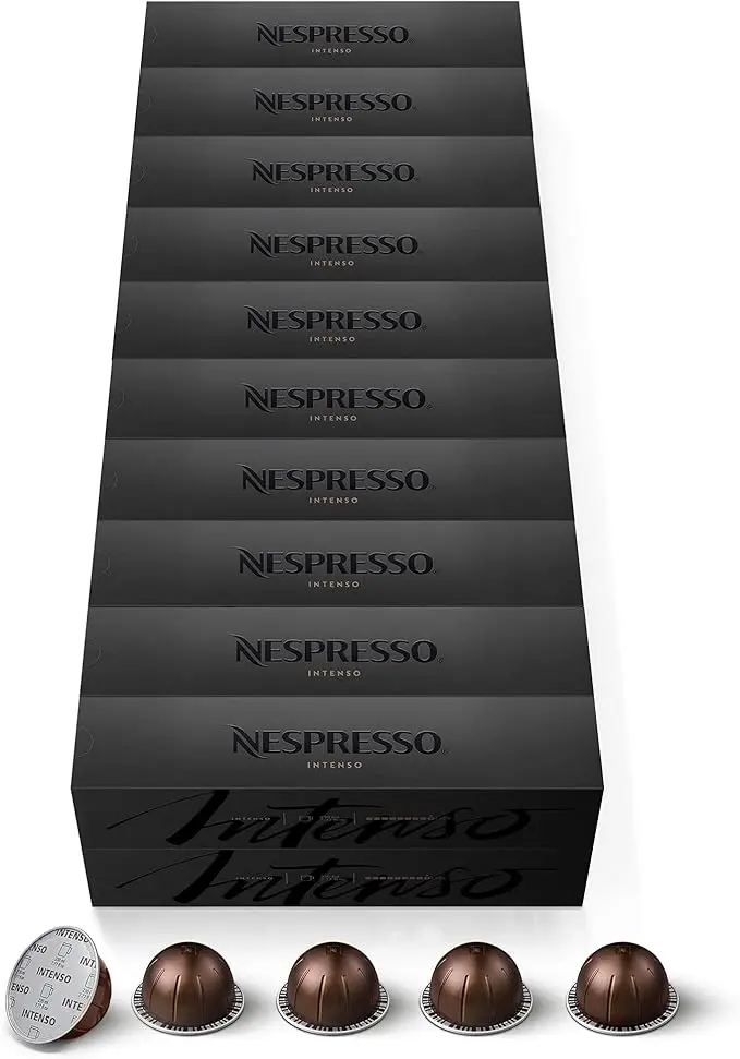 Mega Pack de 200 Cápsulas Nespresso Vertuo Intenso. Un café largo para taza Mug (230 ml) de intensidad 9, con notas de azúcar moreno y tostado, exclusivo para Vertuo.