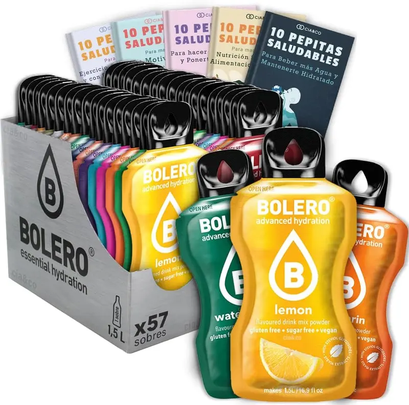 Mega Pack de 57 sobres de Bebida Bolero con sabores surtidos, la colección definitiva para los amantes de la hidratación saludable. Incluye 50 Pepitas Cia&Co.