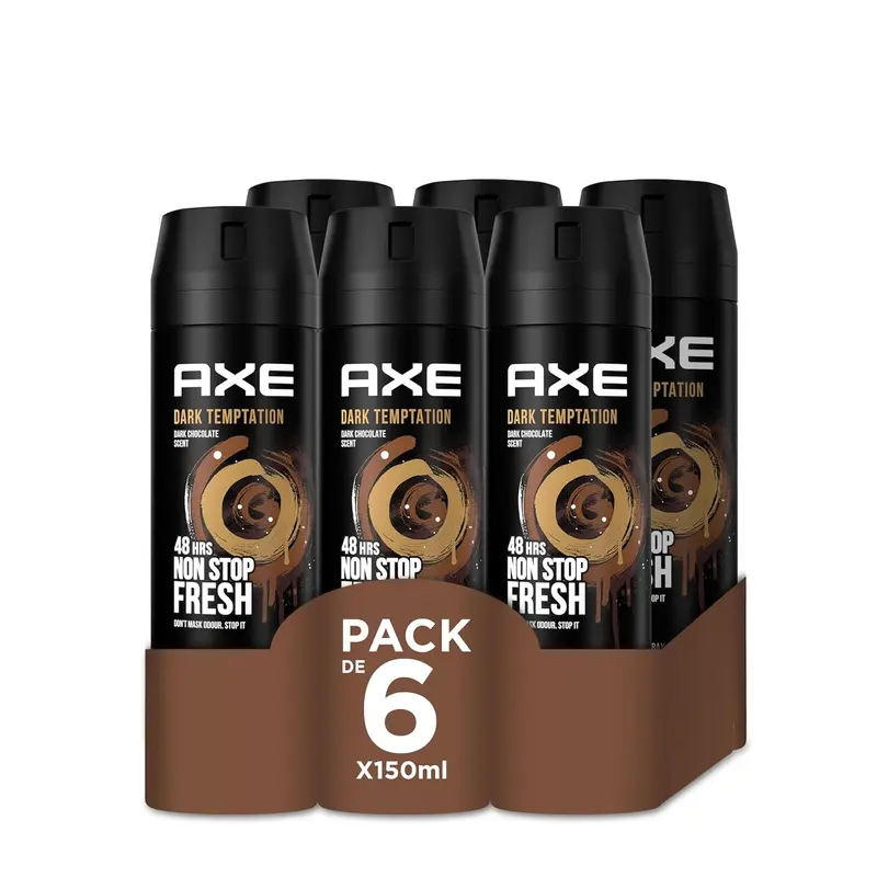 Mega Pack de 6 Desodorantes Axe Dark Temptation (6x150 ml). Bodyspray para hombre con 48h de protección, Tecnología Dual Action y un irresistible aroma a chocolate.