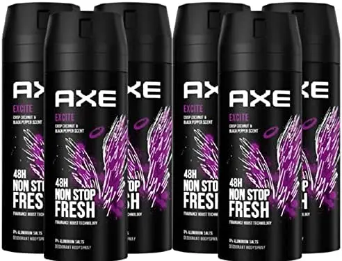 Mega Pack de 6 Desodorantes Axe Excite (6x150 ml). Bodyspray para hombre sin aluminio con un aroma adictivo a coco, avellana y caramelo para una protección de 48h.