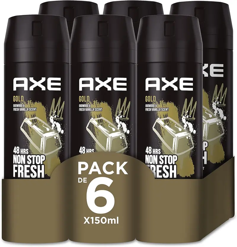 Mega Pack de 6 Desodorantes Axe Gold (6x150 ml). Bodyspray para hombre con 48h de protección, Tecnología Dual Action y un aroma a madera de agar y vainilla.