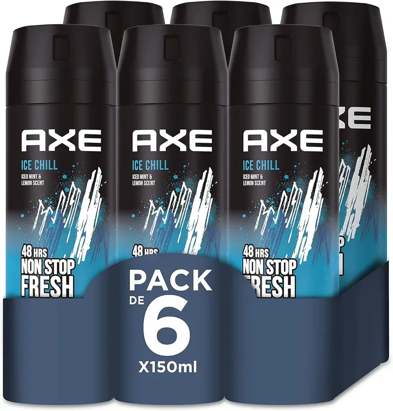 Mega Pack de 6 Desodorantes Axe Ice Chill (6x150 ml). Bodyspray para hombre que baja 6°C la temperatura corporal al instante, con un aroma a menta y limón helado.