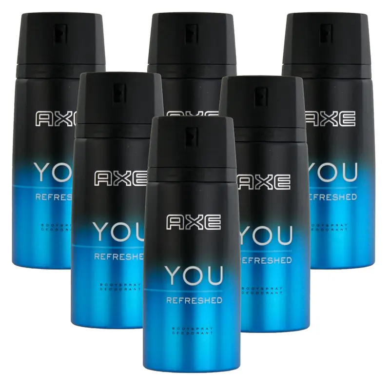 Mega Pack de 6 Desodorantes Axe You Refreshed (6x150 ml). Un bodyspray con una fragancia masculina, limpia y revitalizante para una máxima protección y frescura.