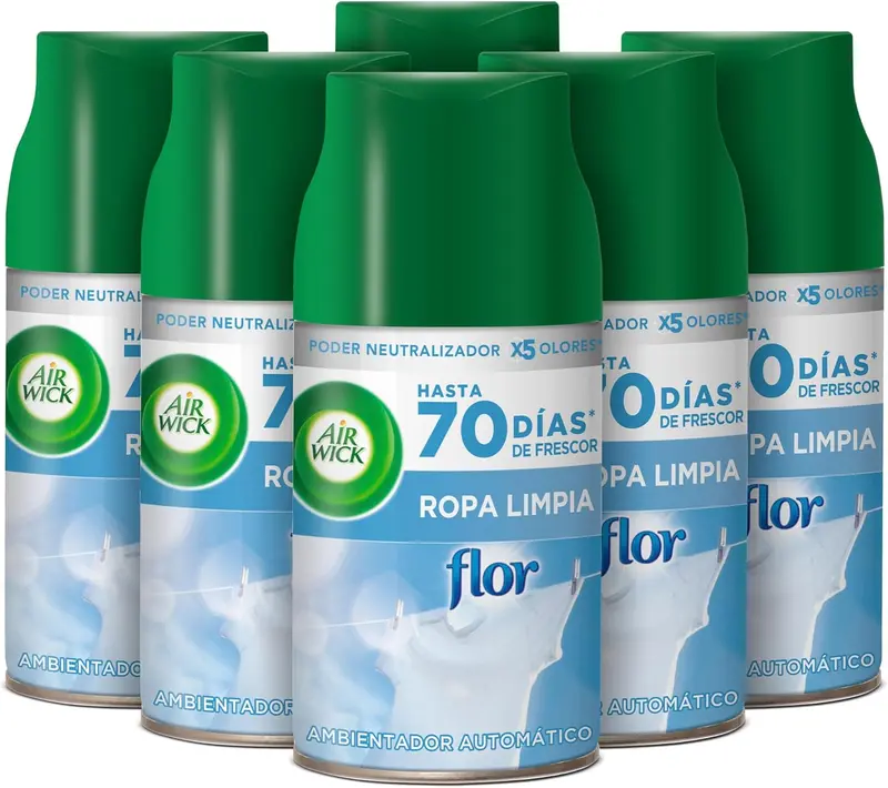 Mega Pack de 6 Recambios Air Wick Freshmatic, Aroma Flor Ropa Limpia. Asegura más de un año de frescura continua y un ambiente siempre agradable en tu hogar.