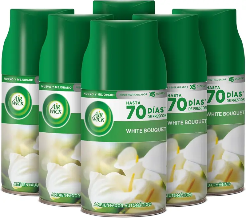 Mega Pack de 6 Recambios Air Wick Freshmatic, Aroma White Bouquet. Ambientador automático para un hogar perfumado por más de un año con la fragancia de flores blancas.