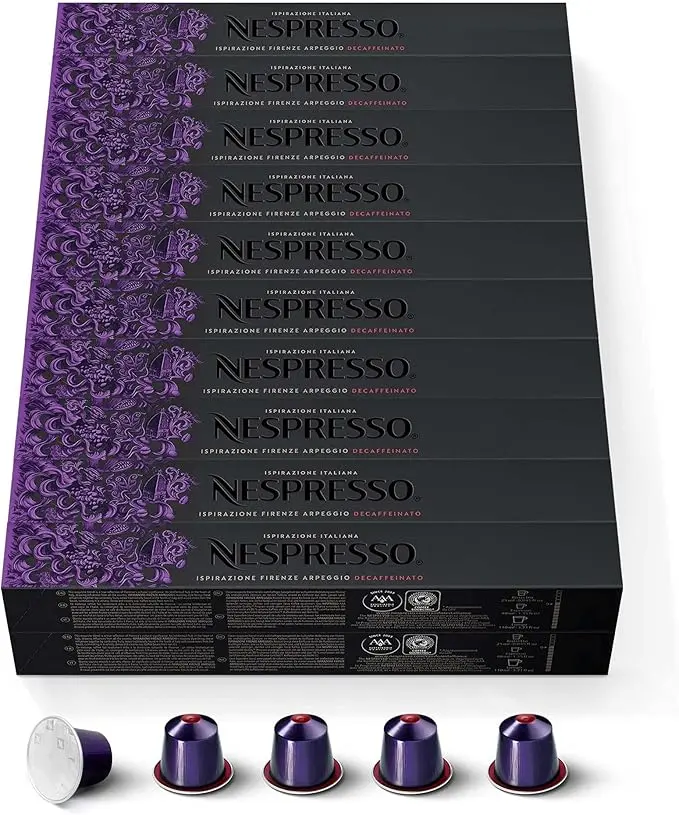 Mega Pack Profesional de 200 cápsulas Nespresso Firenze Arpeggio Decaffeinato. El espresso descafeinado más intenso (9/13), cremoso y con notas de cacao.