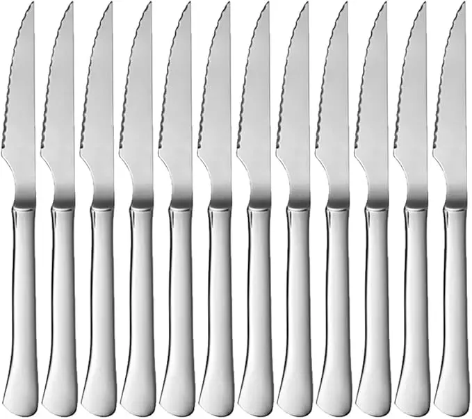 Menax - Juego de 12 Cuchillos de Carne Chuleteros, fabricados en Italia. Set de cuchillos de mesa con filo de sierra en acero inoxidable, ideal para bistec y barbacoas.