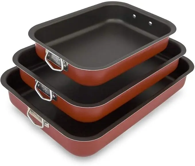 Menax Set de 3 Rustideras de Horno Antiadherentes con Asas. Bandejas para asar fabricadas en Italia, ideales para carnes, pescados, lasañas y repostería. Calidad y versatilidad para tu cocina.