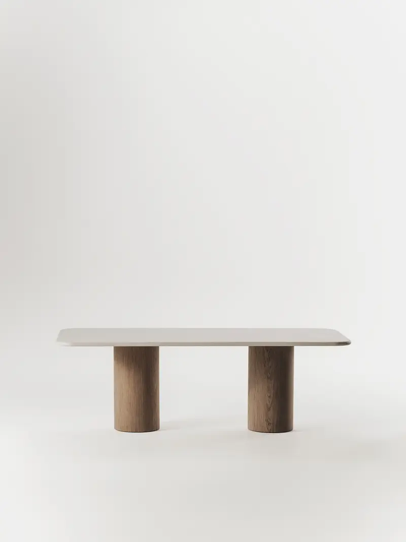 Mesa de comedor Julinha de microcemento con patas de nogal