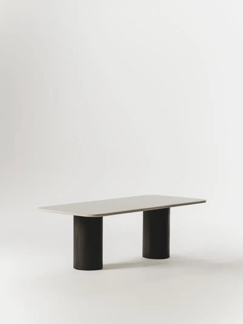 Mesa de comedor Julinha de microcemento con patas de roble oscuro
