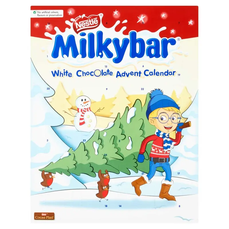 Milkybar Calendario de Adviento con 24 figuras de chocolate blanco (85g). La cuenta atrás más dulce y cremosa para los niños, elaborada con ingredientes naturales.