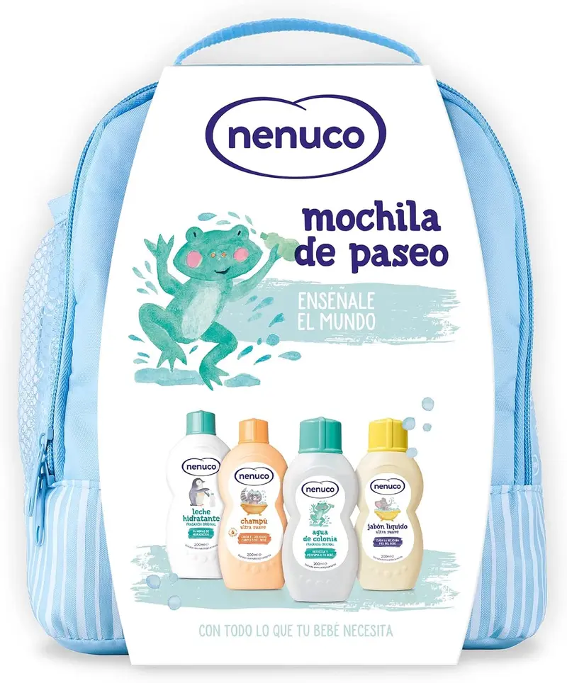 Mochila Nenuco Osito Azul Lote de 4 productos para Bebé. Un set de regalo con Colonia, Champú, Jabón Líquido y Leche Hidratante, ideal para el cuidado completo del recién nacido.