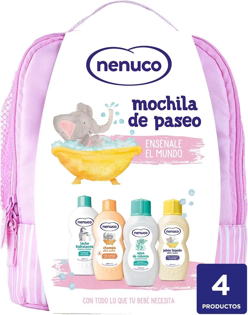 Mochila Nenuco Rosa con Lote de 4 Productos para Bebé. Un set de regalo para recién nacido con Colonia, Champú, Jabón y Leche Hidratante, todo con el aroma original.