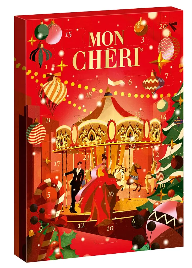 Mon Chéri Calendario de Adviento con 3 variedades de bombones de chocolate y cereza (252g). Una selección de licor, vodka y licor de naranja para una Navidad adulta.