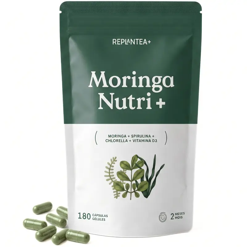 Moringa Nutri+ · Moringa, Espirulina y Chlorella ECO con Vitamina D3 · 180 cápsulas veganas