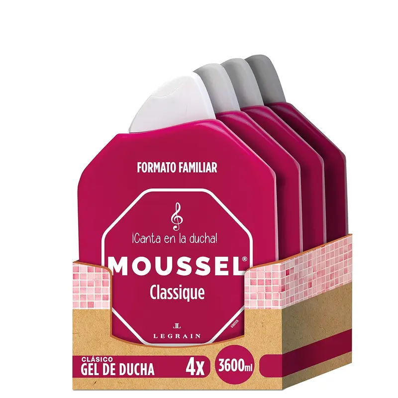 Moussel Gel de Ducha Clásico, Pack Ahorro Familiar de 4x900ml (3,6L). Abastécete del gel de baño de toda la vida con su aroma inconfundible y su espuma cremosa.